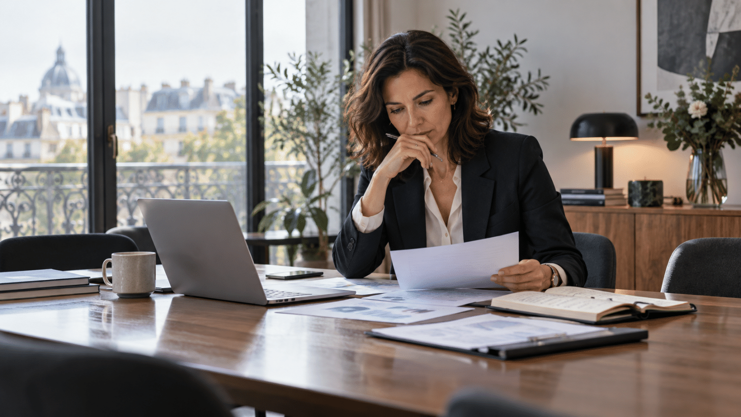 femme d'affaires en train d'éxaminer la situation et de prendre des décisions stratégiques pour alléger sa charge mentale